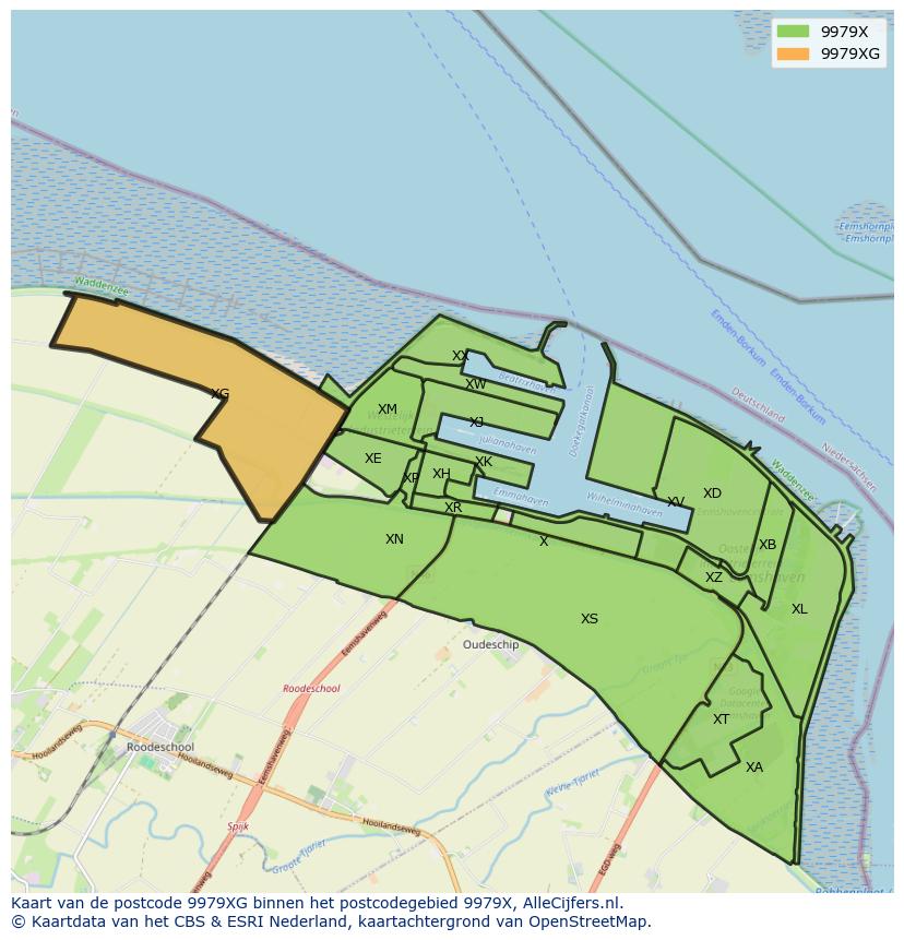 Afbeelding van het postcodegebied 9979 XG op de kaart.