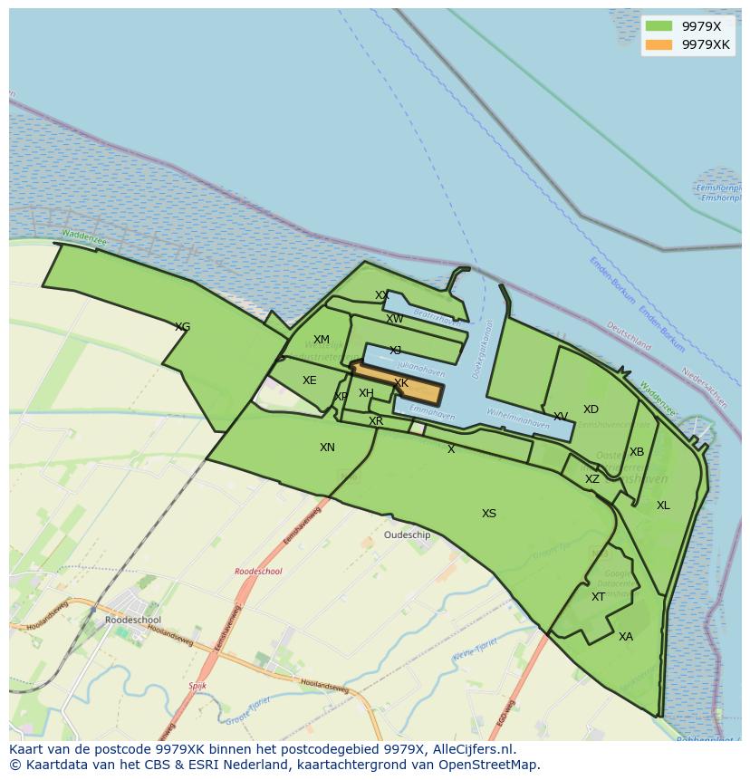 Afbeelding van het postcodegebied 9979 XK op de kaart.