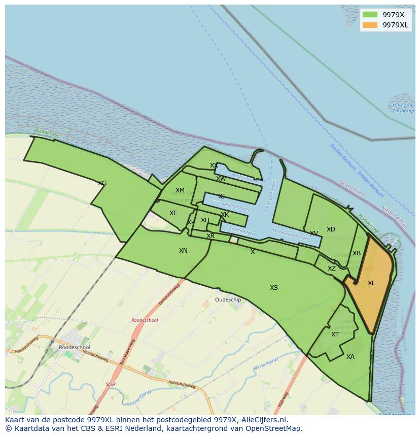 Afbeelding van het postcodegebied 9979 XL op de kaart.