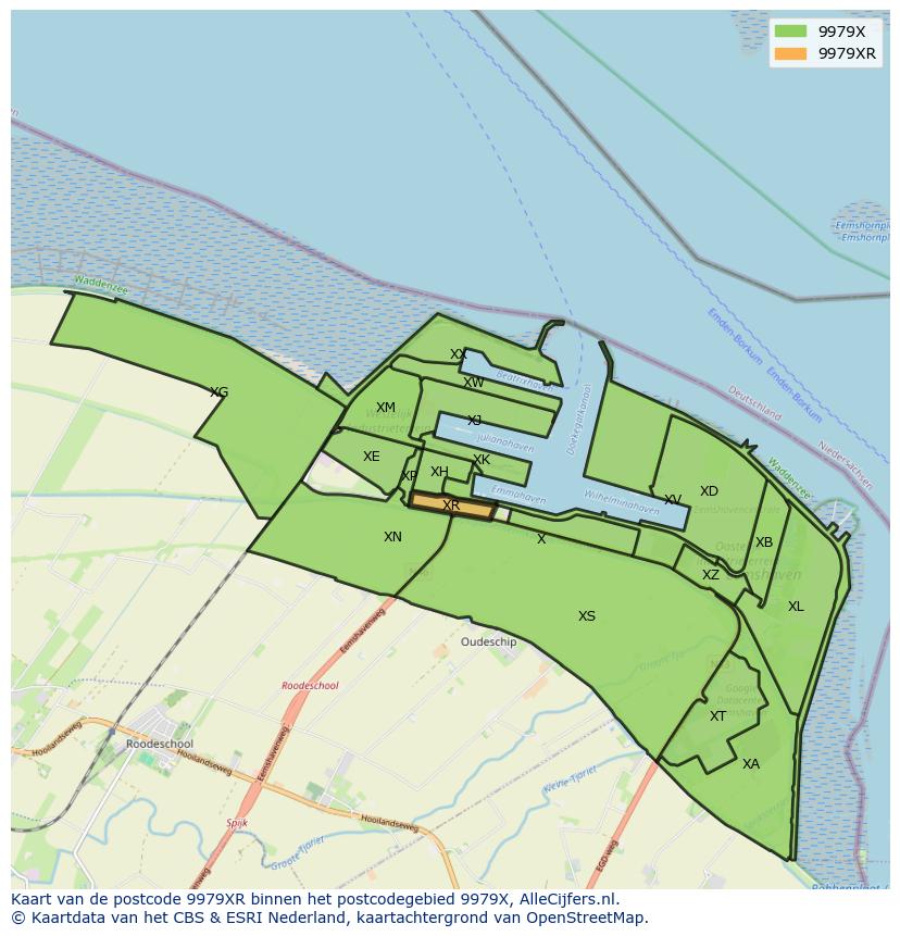 Afbeelding van het postcodegebied 9979 XR op de kaart.