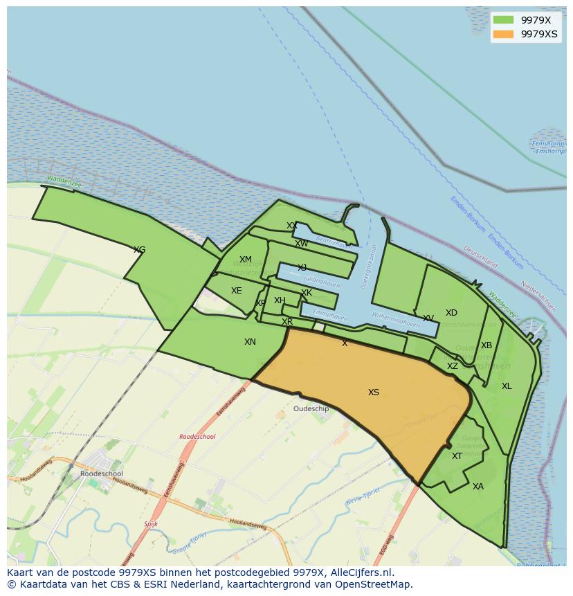 Afbeelding van het postcodegebied 9979 XS op de kaart.