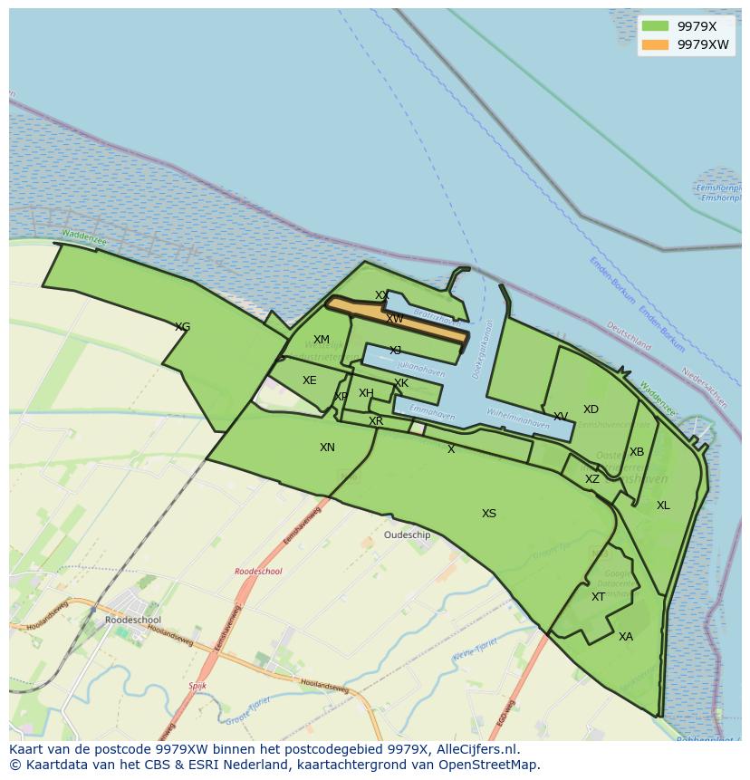 Afbeelding van het postcodegebied 9979 XW op de kaart.