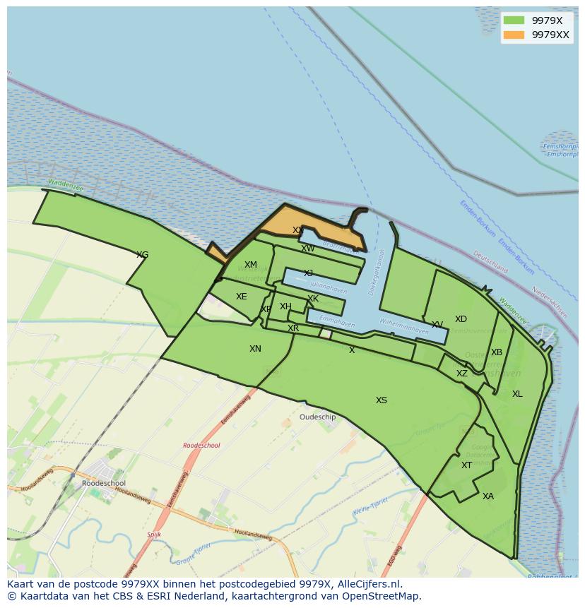 Afbeelding van het postcodegebied 9979 XX op de kaart.