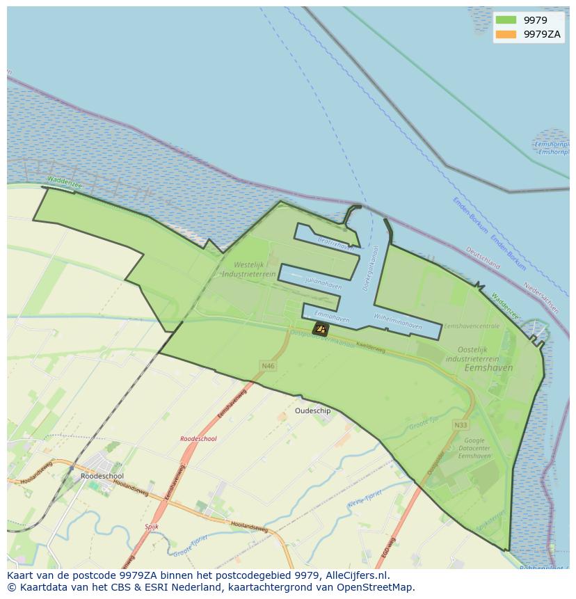 Afbeelding van het postcodegebied 9979 ZA op de kaart.