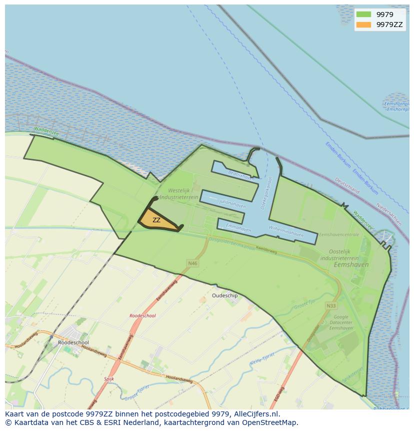 Afbeelding van het postcodegebied 9979 ZZ op de kaart.