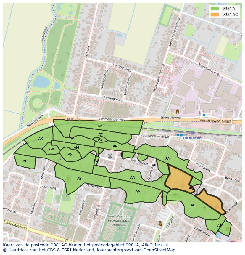 Afbeelding van het postcodegebied 9981 AG op de kaart.