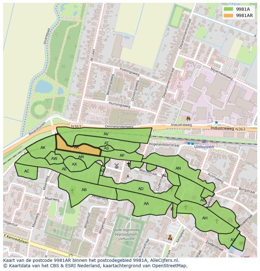 Afbeelding van het postcodegebied 9981 AR op de kaart.