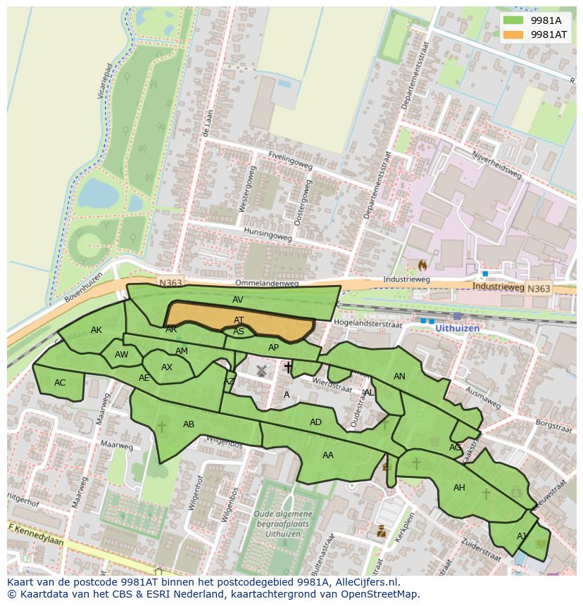Afbeelding van het postcodegebied 9981 AT op de kaart.