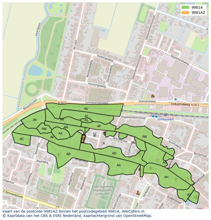 Afbeelding van het postcodegebied 9981 AZ op de kaart.