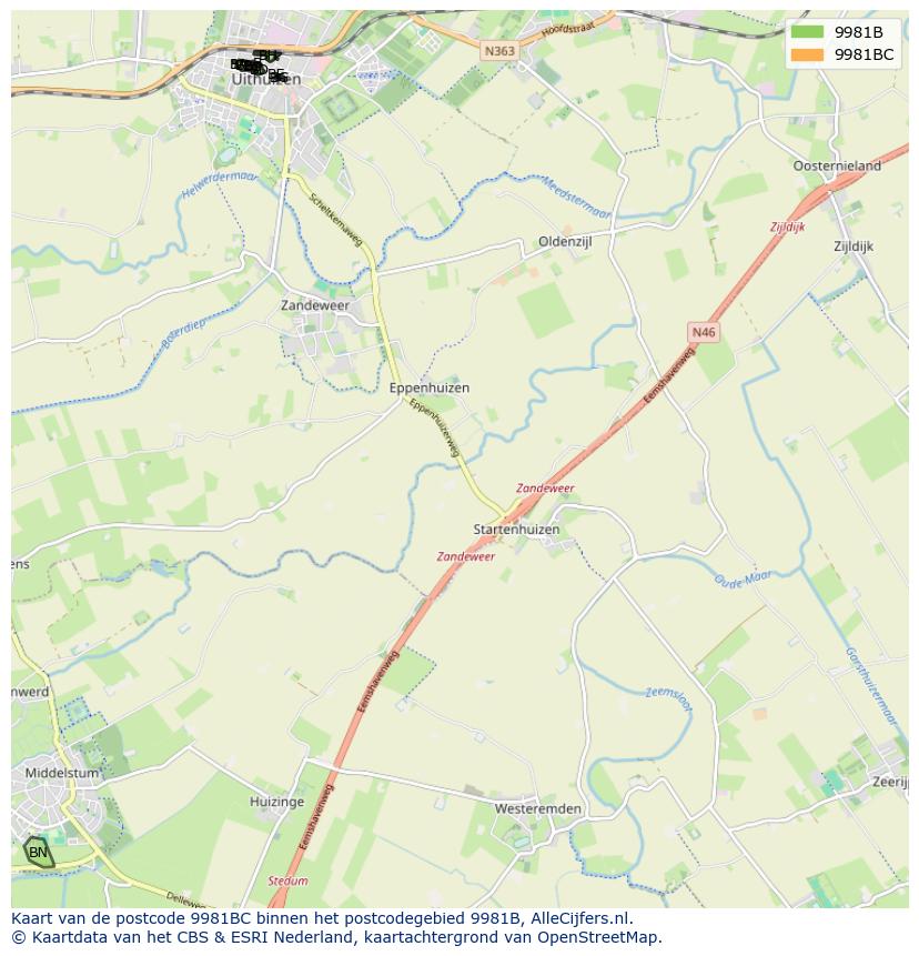 Afbeelding van het postcodegebied 9981 BC op de kaart.