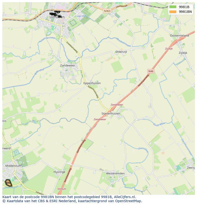 Afbeelding van het postcodegebied 9981 BN op de kaart.