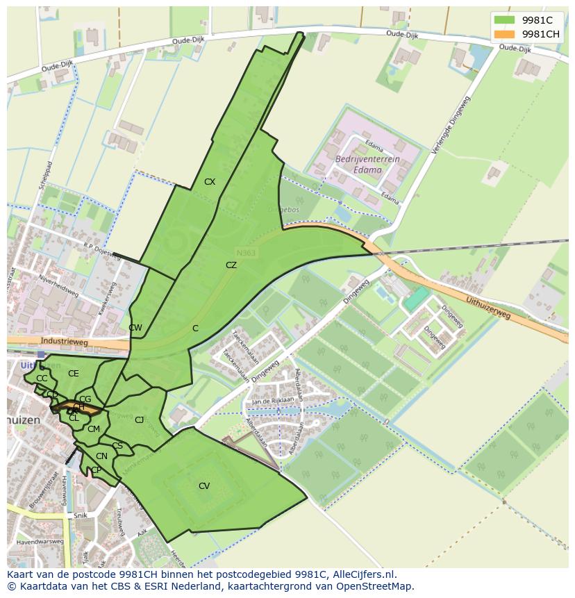 Afbeelding van het postcodegebied 9981 CH op de kaart.