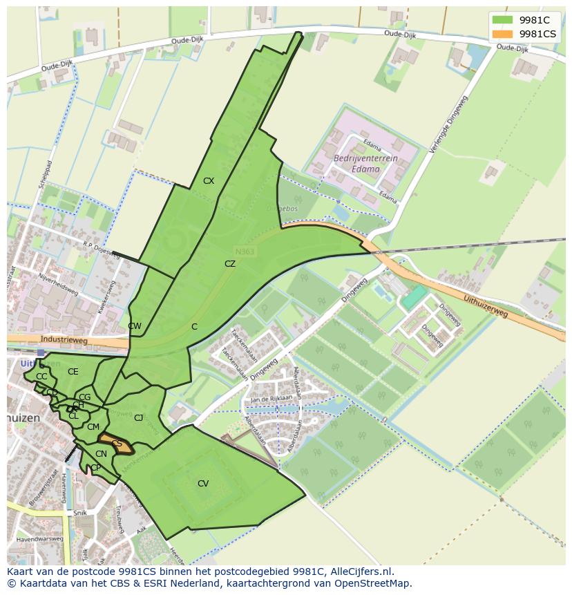 Afbeelding van het postcodegebied 9981 CS op de kaart.