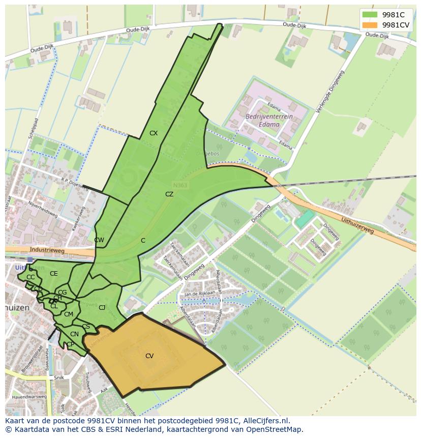 Afbeelding van het postcodegebied 9981 CV op de kaart.