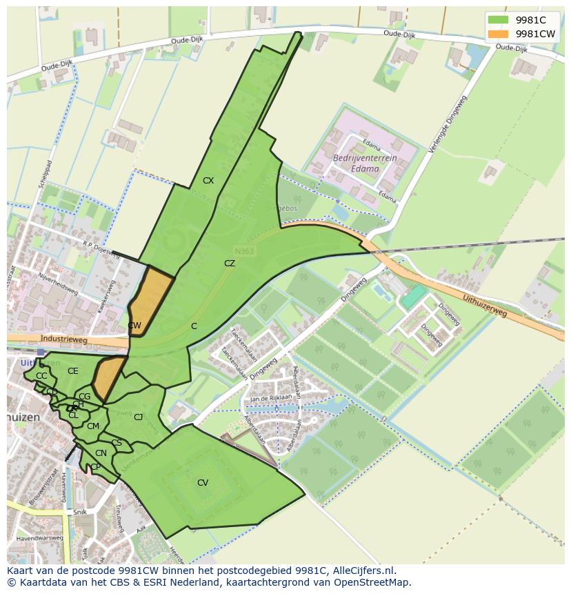 Afbeelding van het postcodegebied 9981 CW op de kaart.