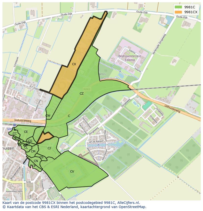 Afbeelding van het postcodegebied 9981 CX op de kaart.