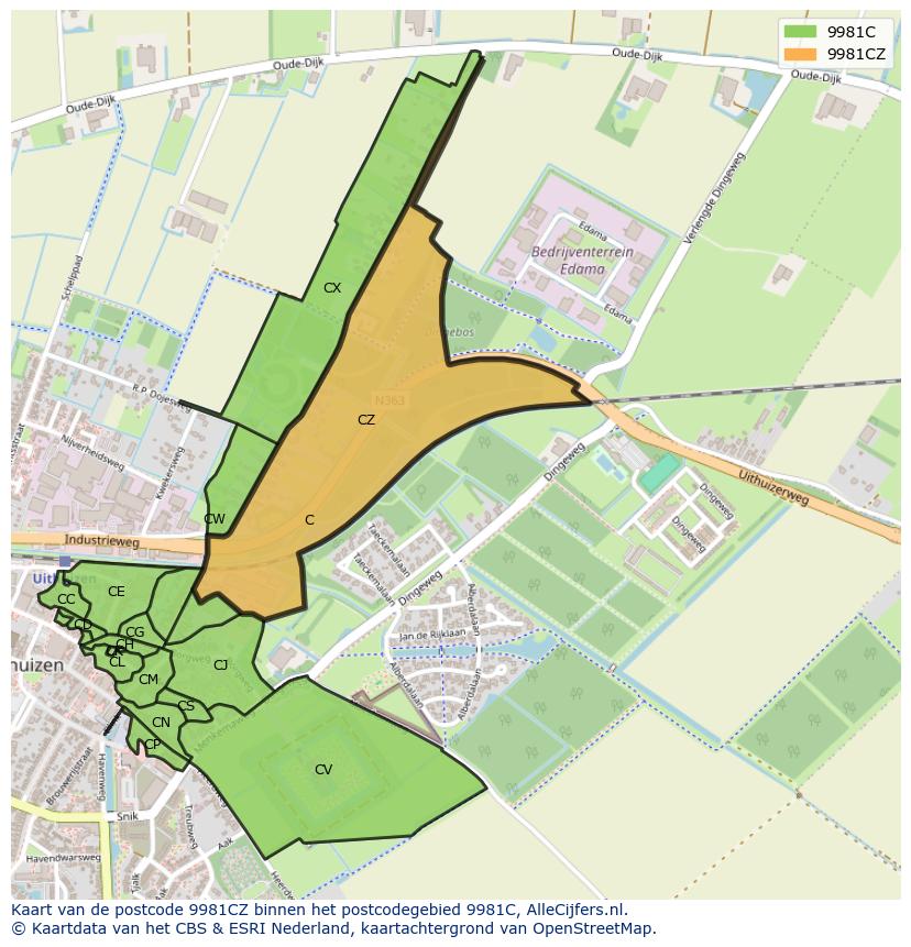 Afbeelding van het postcodegebied 9981 CZ op de kaart.