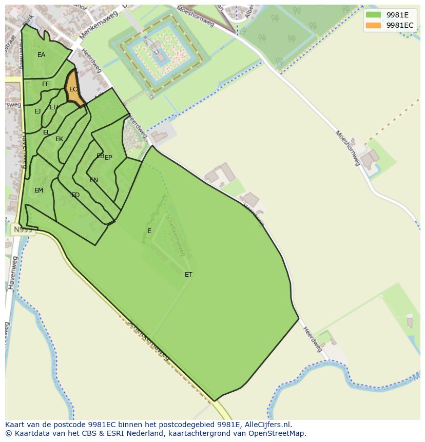 Afbeelding van het postcodegebied 9981 EC op de kaart.