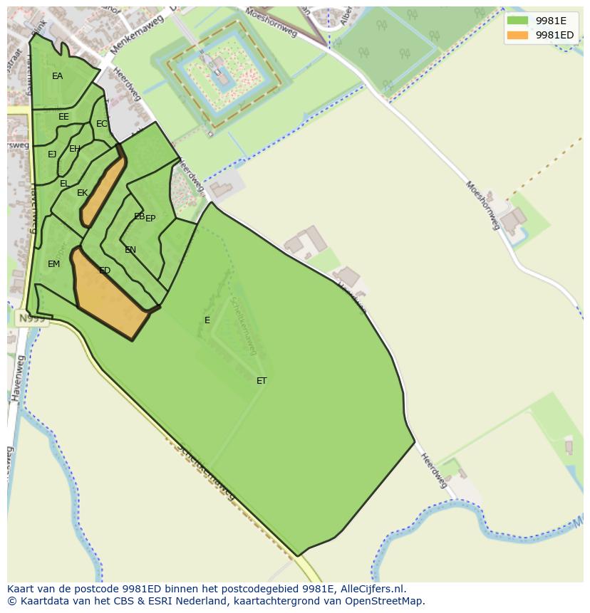 Afbeelding van het postcodegebied 9981 ED op de kaart.