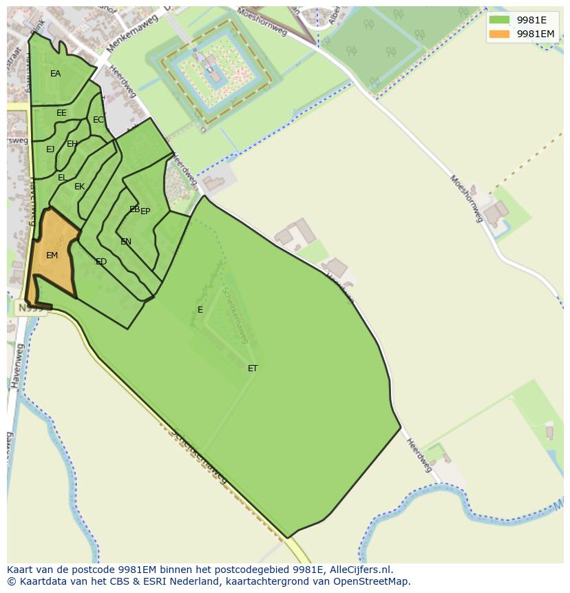 Afbeelding van het postcodegebied 9981 EM op de kaart.