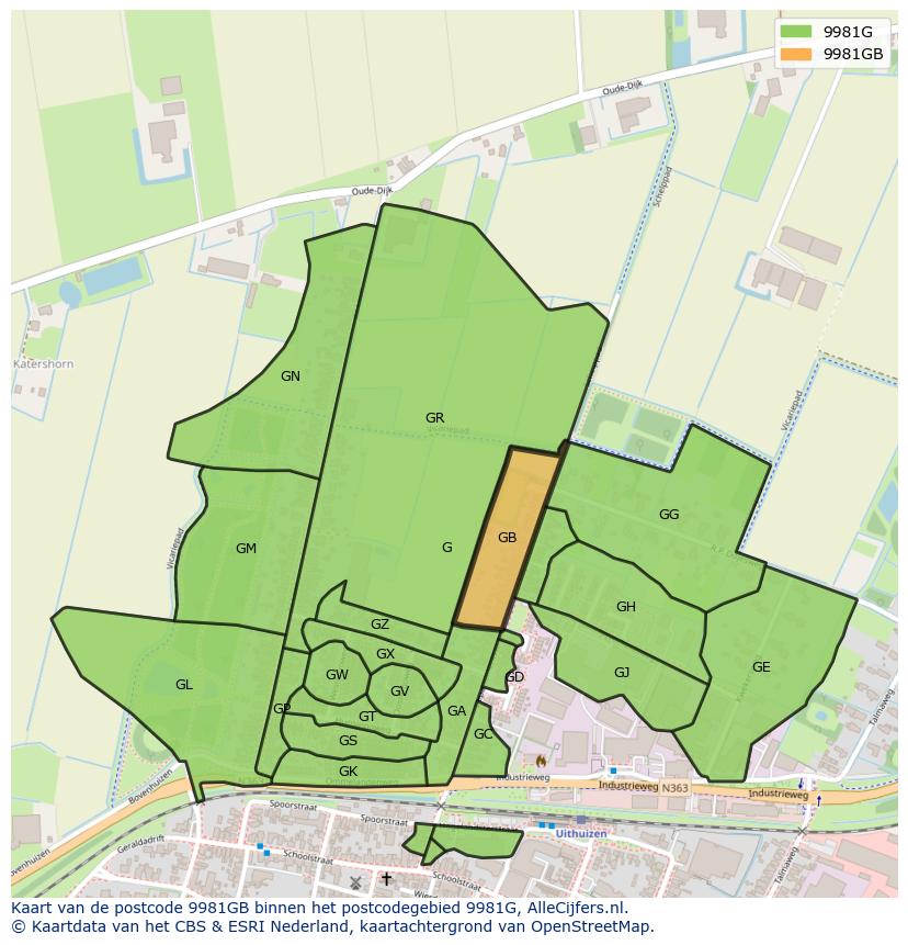 Afbeelding van het postcodegebied 9981 GB op de kaart.