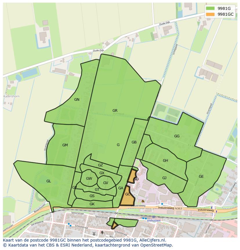 Afbeelding van het postcodegebied 9981 GC op de kaart.