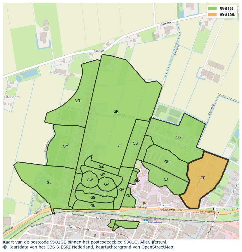 Afbeelding van het postcodegebied 9981 GE op de kaart.