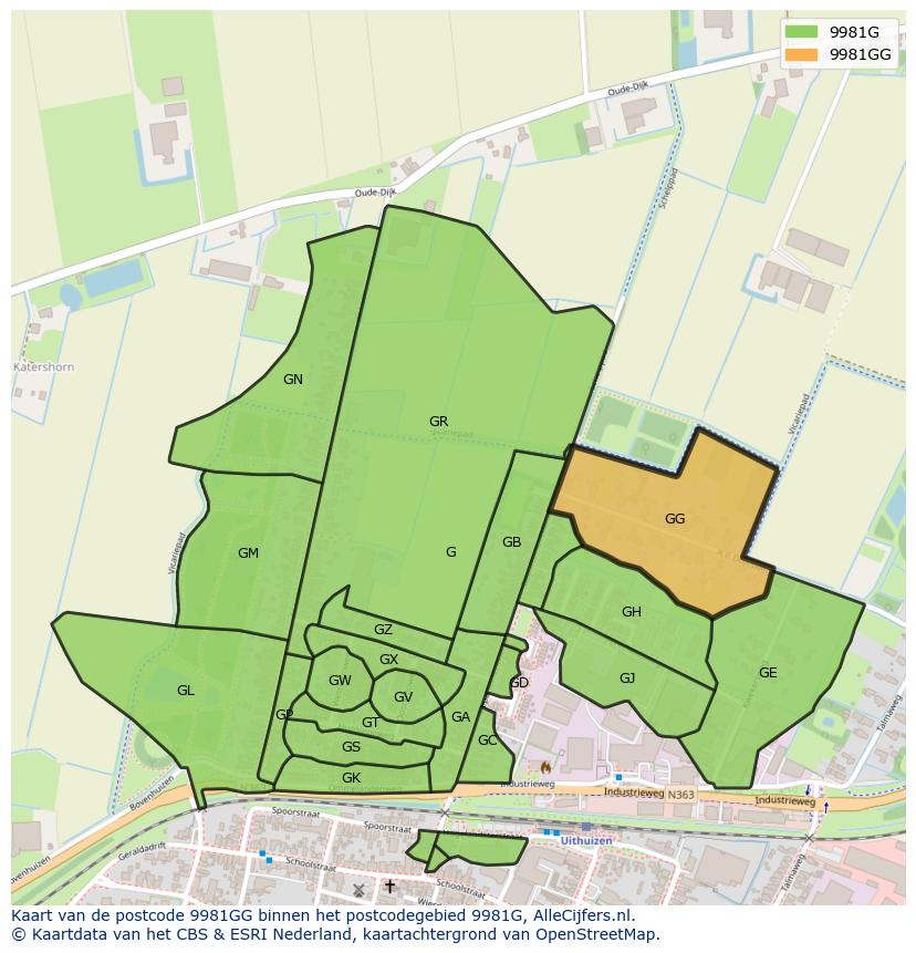 Afbeelding van het postcodegebied 9981 GG op de kaart.