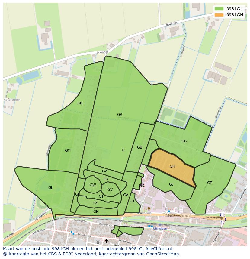 Afbeelding van het postcodegebied 9981 GH op de kaart.