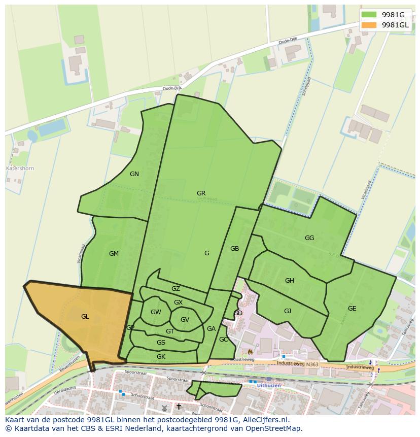 Afbeelding van het postcodegebied 9981 GL op de kaart.