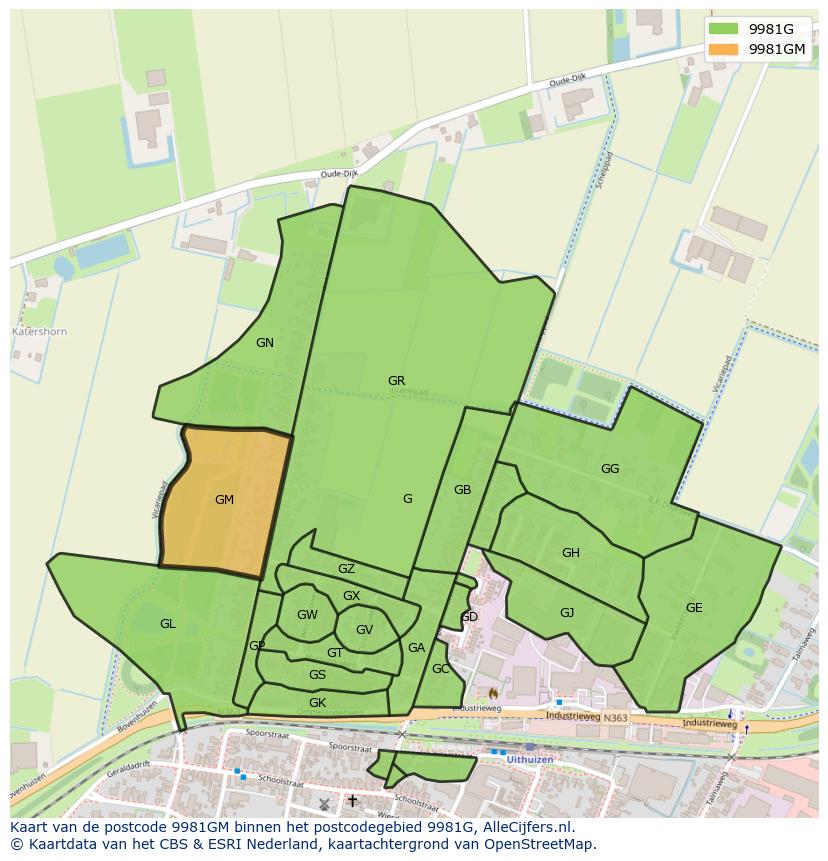 Afbeelding van het postcodegebied 9981 GM op de kaart.