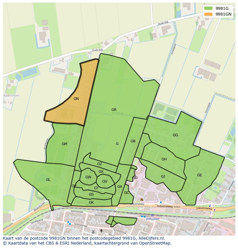 Afbeelding van het postcodegebied 9981 GN op de kaart.