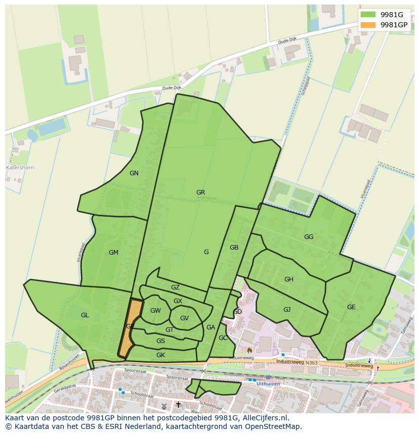 Afbeelding van het postcodegebied 9981 GP op de kaart.
