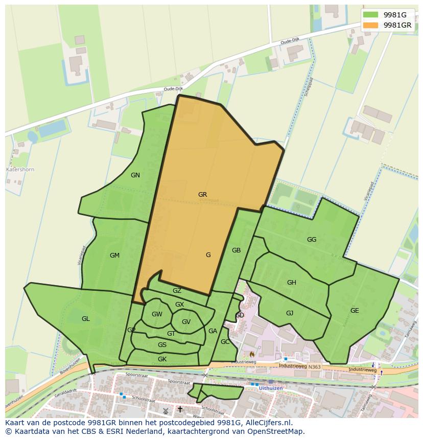 Afbeelding van het postcodegebied 9981 GR op de kaart.