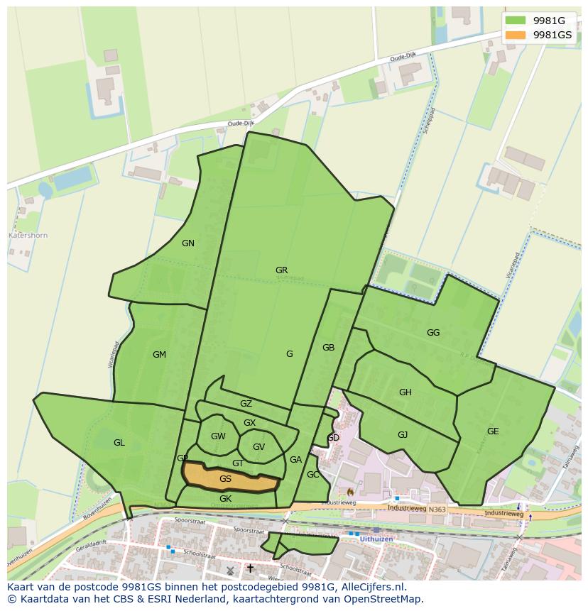 Afbeelding van het postcodegebied 9981 GS op de kaart.