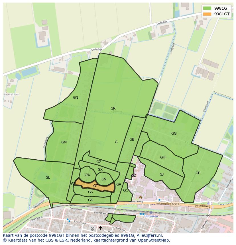 Afbeelding van het postcodegebied 9981 GT op de kaart.