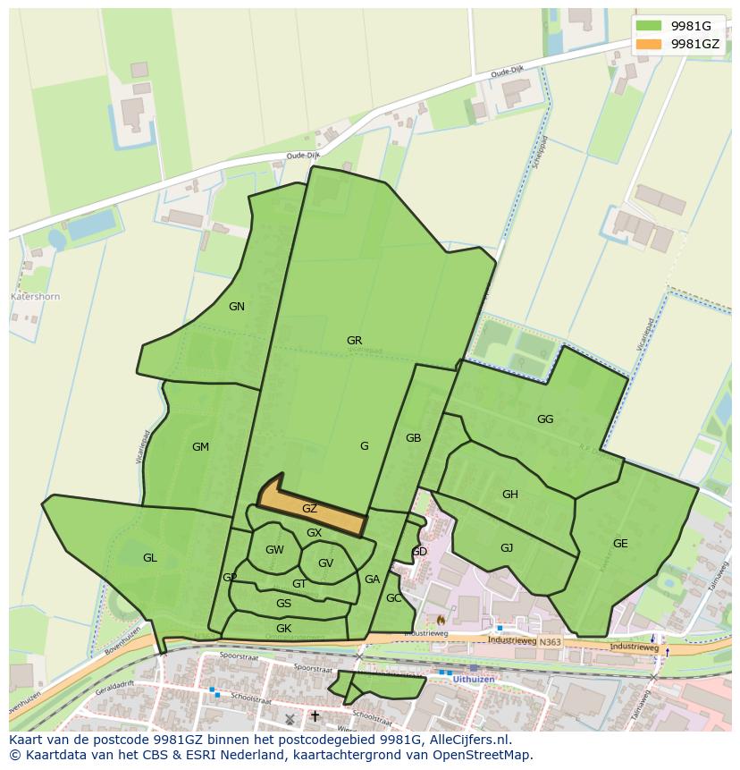 Afbeelding van het postcodegebied 9981 GZ op de kaart.
