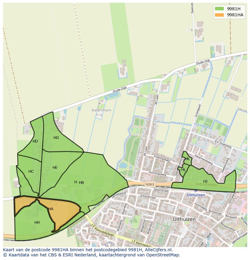 Afbeelding van het postcodegebied 9981 HA op de kaart.