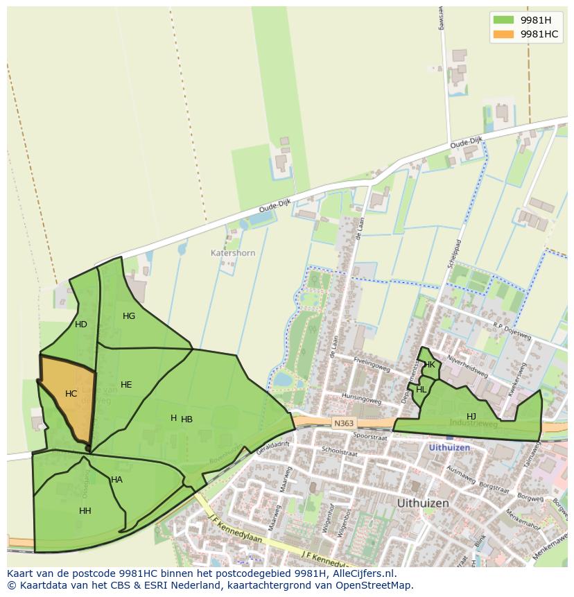 Afbeelding van het postcodegebied 9981 HC op de kaart.