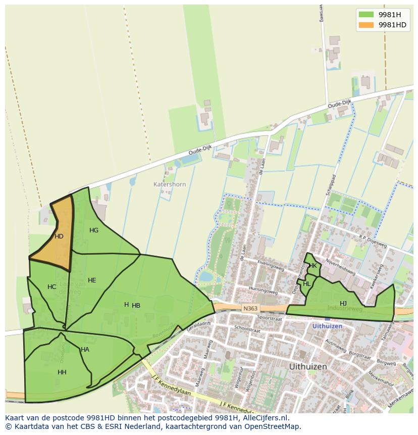 Afbeelding van het postcodegebied 9981 HD op de kaart.