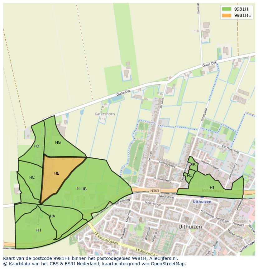Afbeelding van het postcodegebied 9981 HE op de kaart.