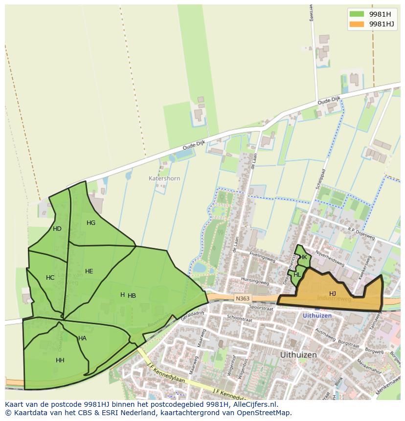 Afbeelding van het postcodegebied 9981 HJ op de kaart.