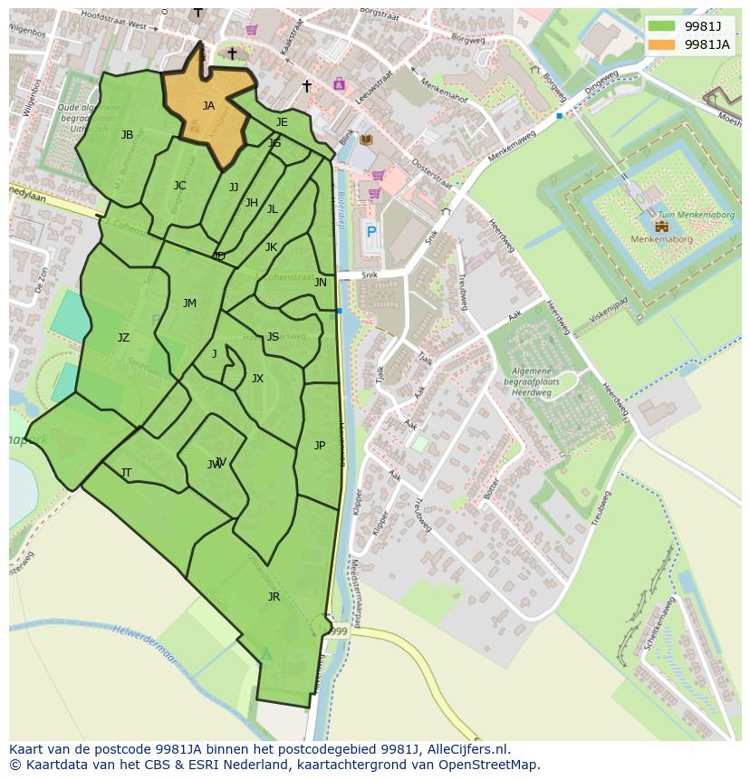 Afbeelding van het postcodegebied 9981 JA op de kaart.