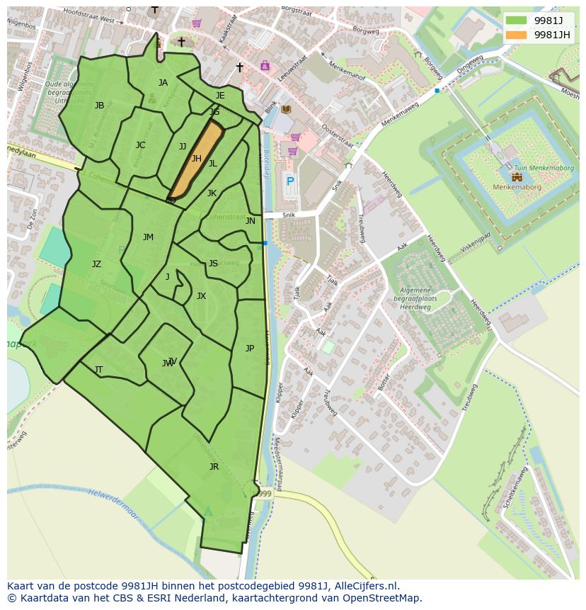 Afbeelding van het postcodegebied 9981 JH op de kaart.