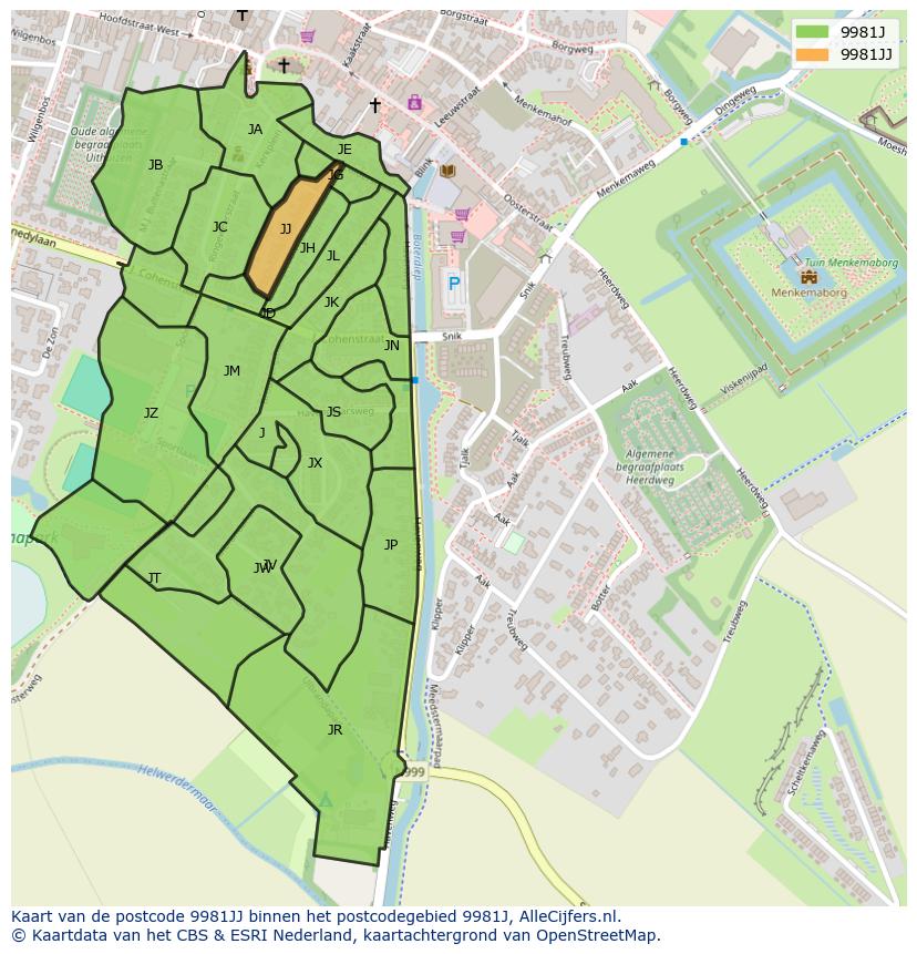 Afbeelding van het postcodegebied 9981 JJ op de kaart.
