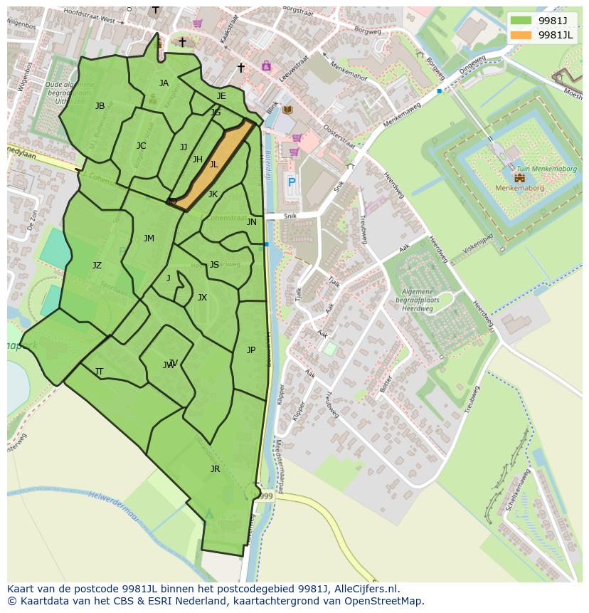 Afbeelding van het postcodegebied 9981 JL op de kaart.