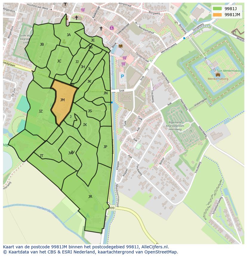 Afbeelding van het postcodegebied 9981 JM op de kaart.