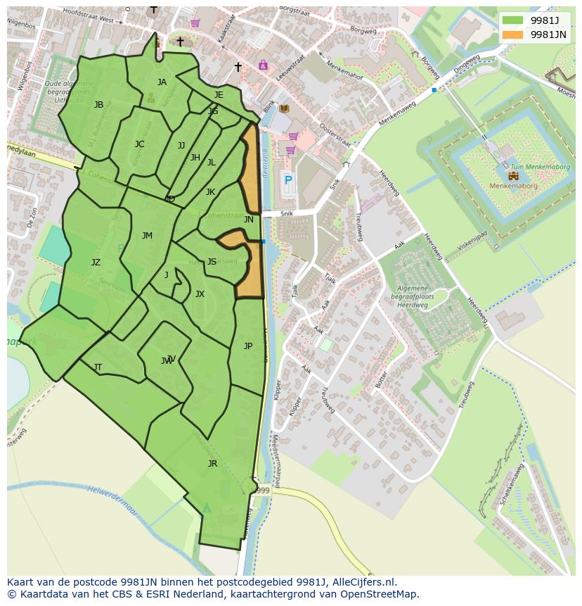 Afbeelding van het postcodegebied 9981 JN op de kaart.