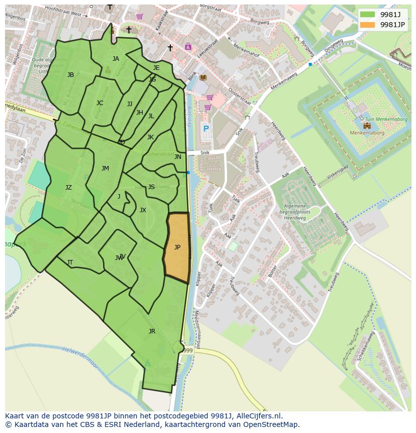 Afbeelding van het postcodegebied 9981 JP op de kaart.