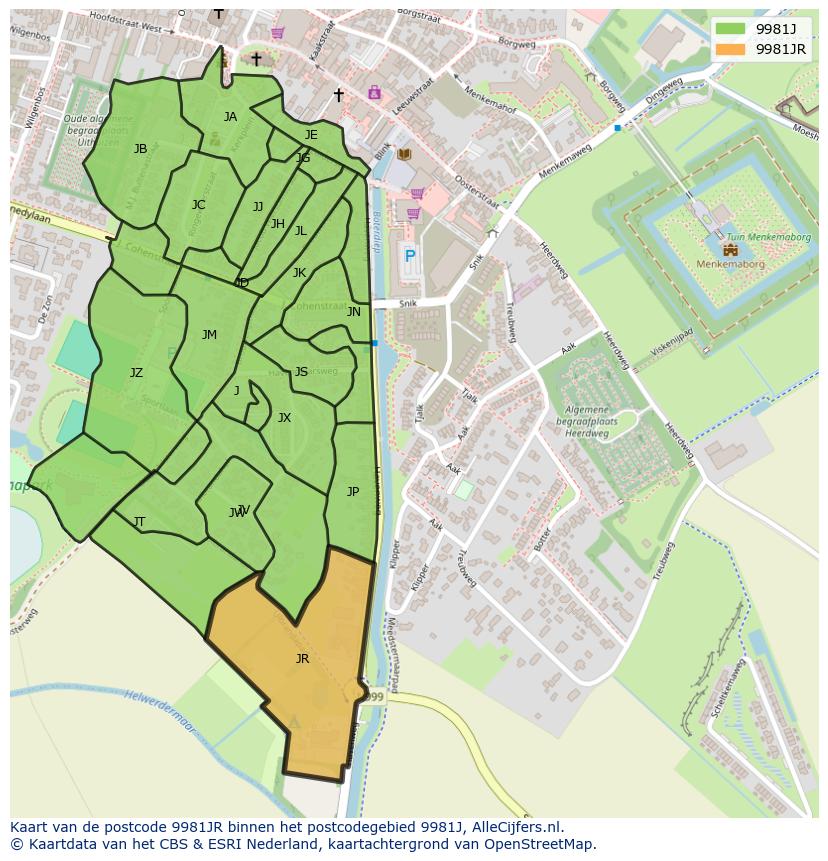 Afbeelding van het postcodegebied 9981 JR op de kaart.